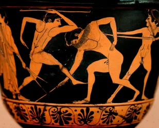 Sztuka etruska: pyxis zdobi scenę z palestry, sportowcy ćwiczą rzucanie oszczepem z Cerveteri. Rzym, Museo di Villa Giulia