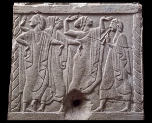 Relief z tancerzami z marmurowego kamienia milowego Chiusi, Włochy, VI wiek pne