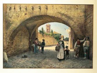 Włochy, Rzym, Łuk Tolomei autorstwa Ettore Roesler Franz, akwarela