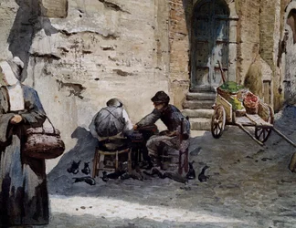 Stare średniowieczne domy na Lungaretta autorstwa Ettore Roesler Franz (1845-1907), akwarela z serii Zaginiony Rzym, detal, Włochy