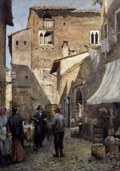 Stare domy Pierleoni w Rzymie, akwarela Ettore Roesler Franz (1845-1907), Włochy