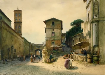 Via dei Penitenzieri w Rzymie, autorstwa Ettore Roeslera Franza (1845-1907), z serii Roma sparita (Zaginiony Rzym)