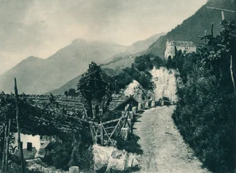 Krajobraz z zamkiem tyrolskim, Merano, Południowy Tyrol, Włochy, 1927