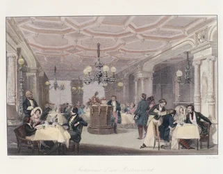 Francja, Paryż, wnętrze Restauracji Les Trois Freres Provencaux z wystrojem z epoki Restauracji, z Zimy w Paryżu, autorstwa Eugene Lami