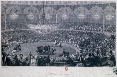 Pokaz koni w cyrku Franconi, Champs Elysees, Paryż, Eugene Louis Lami (1800-1890), ryty przez Charlesa Mottrama (1807-1876) zaczerpnięty z Lata i Zimy w Paryżu