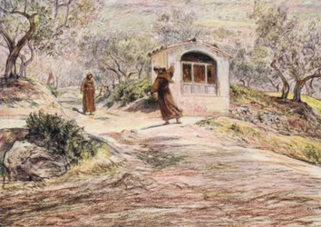 Franciszek każe bratu Masseo obrócić się wiele razy, aby znaleźć drogę, którą powinien iść (kolorowa litografia)