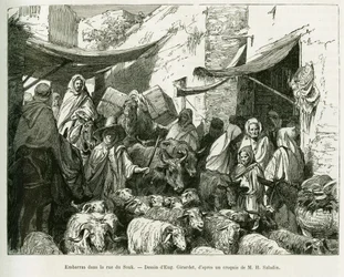 Zawstydzony na ulicy Teboursouk Souk. Grawer autorstwa Eugene Girardeta, aby zilustrować opowiadanie Voyage en Tunisie, autorstwa R.Cagnata i H.Saladina, podopiecznych misji archeologicznej Ministerstwa Edukacji Publicznej, w tour du monde 1888, pod kierun