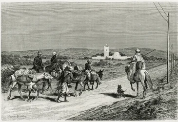 Nasza przyczepa jest w ruchu. Grawerowane przez Eugene Girardeta, aby zilustrować historię „Podróż w Tunisie”, autorstwa historyka Rene Cagnata (1852-1937) i architekta Henri Saladina (1851-1923), zlecone w latach 1882-1883 przez Ministerstwo Oświaty Publi