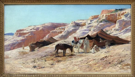 Obóz, obraz olejny na płótnie Eugene Girardet (1853-1907), obóz grupy arabskich podróżników (Beduinów) w krajobrazie wydm. Ciemny. 50x60 cm. Fotografia, KIM Youngtae, Nantes, Musee des Beaux Art de Nantes.