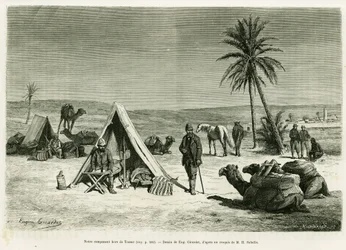 Obóz podróżny w okolicach Tozeur. Grawer autorstwa Eugene Girardeta ilustrujący opowiadanie Voyage en Tunisie, autorstwa R. Cagnata i H. Saladin, in le tour du monde 1886, w reżyserii Edouarda Chartona (1807-1890), Hachette, Paryż.