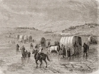 Pociąg wagonowy jadący na zachód w latach 60. XIX wieku, rytowany przez Stephane Pannemakera (1847-1930)