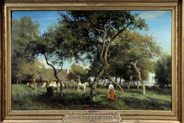 Zbieranie jabłek w Normandii w 1865 r. Obraz Eugene Lavieille (1820-1889)