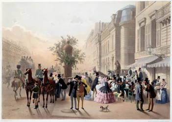 Boulevard des Italians, Cafe Tortoni w Paryżu w XIX wieku Grawer Eugene Guerard