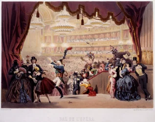 Bal Maskowy Opera de la Rue Le Peletier w Paryżu Bal ten nazywał się Grand Veglione. Litografia Eugene von Guerard (1811-1901) XIX-wieczny Paryż, Musee Carnavalet