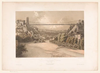 Gezicht op de hangbrug over de Sarine, te Fribourg Szwajcaria Savoy i Tyrol / Profil mostu wiszącego we Fryburgu (Kanton Fryburg) (tytuł na obiekcie)