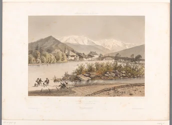 Widok na Saint-Martin-sur-Arve z Mont Blanc St. Martin i Mont-Blanc (tytuł na obiekcie) Gezichten in Zwitserland, Savoy in Tirol (tytuł serii) Szwajcaria, Sabaudia i Tyrol (tytuł serii na obiekcie)