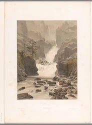 Widok na wodospad Barberine w pobliżu Vallorcine Cascade de Barberine (tytuł na obiekcie) Twarze w Szwajcarii, Sabaudii i Tyrolu (tytuł serii) La Suisse, la Savoie et le Tyrol (tytuł serii na obiekcie)
