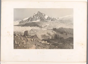 Widok na lodowiec Bossons w dolinie Chamonix Glacier des Bossons, Chamonix (tytuł na obiekcie) Twarze w Szwajcarii i Sabaudii (tytuł serii) La Suisse et la Savoie (tytuł serii na obiekcie)