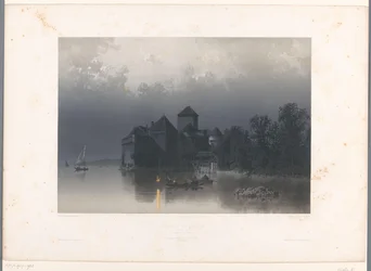 Widok na zamek Chillon nad Jeziorem Genewskim Château de Chillon (tytuł na obiekcie) Twarze w Szwajcarii i Sabaudii (tytuł serii) La Suisse et la Savoie (tytuł serii na obiekcie)