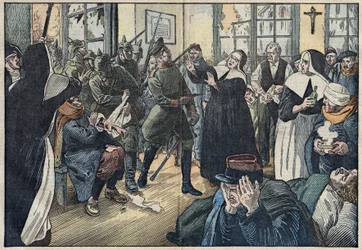 1914, I wojna światowa: Amelie Rigard, znana jako siostra Julie, broni rannych ze swojego szpitala przed żołnierzami niemieckimi. Gerbeviller, Meurthe i Moselle (54). Ilustracja Damblans. W „”Le Pelerin”” z 17 maja