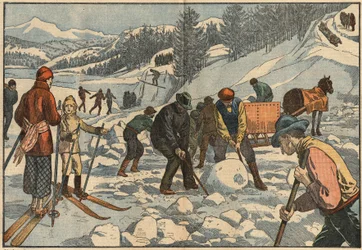 Mieszkańcy Alp zbierają bryły lodu zimą na lato. W tle mężczyźni uprawiają sporty zimowe. Ilustracja Damblans. W „Le Pelerin” z 18 grudnia