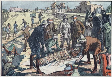 Angielska misja na zlecenie hrabiego Byrona de Proroka (1896-1954), archeologa, odkryła grób Tin-Hahan w Hoggar. Ilustracja Damblans. W „Le Pelerin” z 20 grudnia 1925 r.
