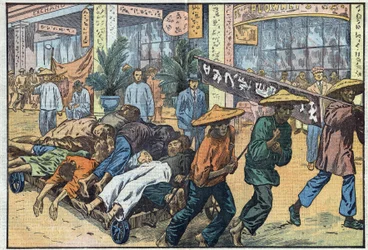 Wojna domowa między nacjonalistami a komunistami w Chinach: po komunistycznych rozruchach w Kantonie zwłoki ofiar są układane na wozach. Ilustracja Damblansa. W „Le Pèlerin“ z 4 marca