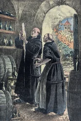 Dom Pierre Pérignon (1639-1715), mnich benedyktyński, wynalazca procesu wytwarzania szampana. Ilustracja Damblansa.