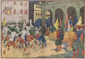 Florencja, Włochy: na Place de la Seigneurie, część „calcio”, piłki nożnej z XV wieku, została odtworzona w kostiumie z epoki. Zwycięskiej drużynie zaoferowano wołowinę. Ilustracja Damblans. W „”Le Pelerin”” z 8 czerwca