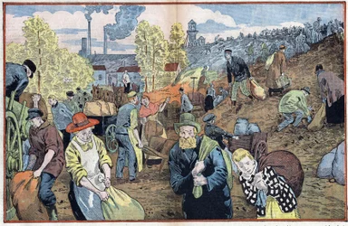 Łowcy szukają kawałków węgla wśród kamieni wydobywanych z kopalń, aby ogrzać się zimą. Region Rhur, Niemcy. Ilustracja Damblans. W „”Le Pelerin”” z 4 października