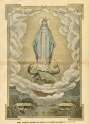 Ilustracja Eugene Damblans (1865-1945) w Le Pelerin, 04.12.04 - Niepokalana Maryja ukazuje się światu i przynosi mu zbawienie - Religia Wiara, Katolicki Katolicyzm - Niepokalane Poczęcie - Maryja, Smok - Chmury - Ziemia