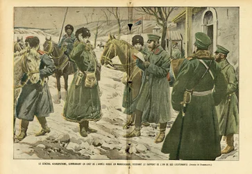 Ilustracja przedstawiająca Eugeniusza Damblana (1865-1945) w Le Pelerin, 05.03.05 - generał Kuropatkin, głównodowodzący Armii Rosyjskiej w Mandżurii, odbierający meldunek jednego ze swoich poruczników - Rosja, Armea, Mandżuria, Rosja -Wojna japońska, śnieg