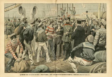 Ilustracja Eugeniusza Damblana (1865-1945) w Le Pelerin, 23.07.05 - Rewolta marynarzy rosyjskiego pancernika Kniaz-Potemkin poddaje się władzom rumuńskim w Konstancy - Rosja, Morskie Wybrzeże, Rumunia, Rewolucja 1905 ,