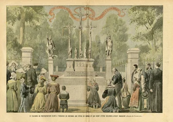 Ilustracja Eugene Damblans (1865-1945) w Le Pelerin, 29.05.04 – Kalwaria protestu wzniesiona w Treguier w odpowiedzi na święta Renana, która właśnie została uroczyście zainaugurowana – Religia Wiara, Bretania, Treguier, Katolicyzm - Pro