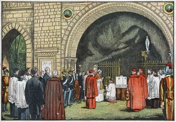 Przed „Grotto de Lourdes”, w ogrodach Watykanu, papież Pius XI pobłogosławił pierwszy kamień Kolegium Propagandy, który miał powstać w Janicule. Ilustracja Damblans. W „Le Pelerin” z 3 czerwca