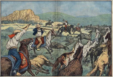 Meksykańscy rolnicy strzelają do dzikich koni, aby uniknąć kryzysu żywnościowego w ich kraju. Równiny El Paso, Meksyk. Ilustracja Damblans. W „Le Pelerin” z 6 października