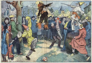 Stare zwyczaje: kremacja „Karnawału”, wieczorem Mardi Gras (Mardi-Gras), reprezentuje przyjemności i najdroższe dobro opuszczone u progu Careme. Ilustracja Damblans. W „”Le Pelerin”” z 16 marca