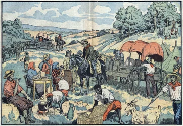 Migracja ludności w Afryce: 2000 Burowie opuszczają portugalską kolonię Angoli transportem do bardziej żyznych regionów Afryki Południowej. Ilustracja Damblans w „Le Pelerin” z 30 września