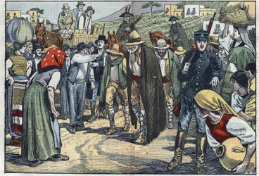 Rabusie aresztowani przez włoską faszystowską policję. Sycylia, Włochy. Ilustracja Damblans. W „Le Pelerin” z 14 lutego
