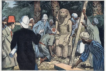 Francuska misja archeologiczna odkrywa pomnik nastolatka Sesostrisa III, który zostanie przywieziony do Luwru. Medamoud, starożytne Teby, Egipt. Ilustracja Damblans. W „Le Pelerin” z 22 listopada