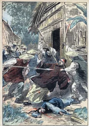 Francuski ksiądz Berthollet (1865-1898), kapłan Misji Zagranicznych, został zamordowany przez chińskich gwardzistów narodowych w pobliżu miasta Yun Ngan Cheou (Yun-Ngan-Cheou) 21 kwietnia 1898 roku. Ilustracja Damblansa w „Le Pèlerin” z 10 lipca