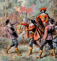 Muszkieter Artagnana w eskorcie swojego przyjaciela Portosa grozi przeciwnikowi pistoletem - Ilustracja Damblansa do powieści Aleksandra Dumasa „Trzej muszkieterowie” w „Diary des roman populaires illustres”” z początku XX wieku -