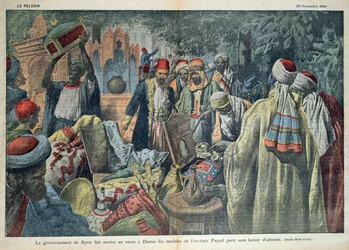 Sprzedaż przez rząd syryjski towarów emira Fajsala (1883-1923) w Damaszku, ilustracja z magazynu „Le Pelerin”, 20 listopada 1920 r.