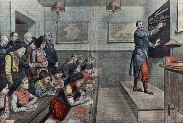 Odzyskana zostaje pierwsza klasa języka francuskiego w Alzacji. Ilustracja Damblans. W „Le Pelerin” z 1914 r.