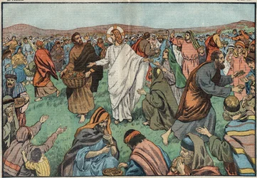 Rozmnożenie bochenków: nad brzegiem Jeziora Tyberiadzkiego Jezus Chrystus (Jezus Chrystus) zaspokoił ludność rozmnażając pięć bochenków jęczmienia i dwie ryby. Ilustracja Damblans. W „”Le Pelerin”” z 18 marca