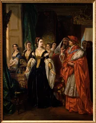 Rozwód Henryka VIII: kardynał Thomas Wolsey (1475-1530) i Katarzyna Aragońska (1485-1536) w 1533 r. - Scena sztuki „Słynna historia życia króla Henryka Ósmego” autorstwa Williama Szekspira - Malarstwo Eugene