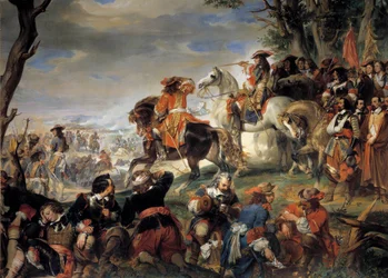 Wojna Ligi Augsburskiej (1689-1697): „”Bitwa o Marsylię wygrana przez marszałka Nicolasa Catinata de La Fauconerie (1637-1712), 4.10./1693 (zwycięstwo nad piemonckimi oddziałami Victora-Amedea Sabaudzkiego asystuje księciu Eugeniuszowi)”” Obraz Eugene Deve