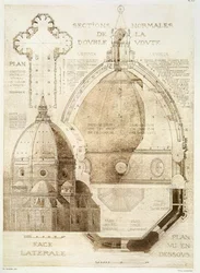 Plan, przekrój i elewacja katedry we Florencji, z „Fragmentów architektury średniowiecza i renesansu”, rytowane przez Julesa Adolphe