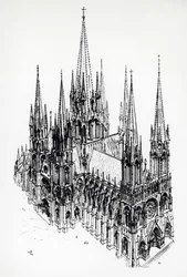 Widok izometryczny idealnej katedry, rysunek Eugene Emmanuel Viollet-le-Duc (1814-1879) ze Słownika architektury francuskiej od XI do XVI wieku