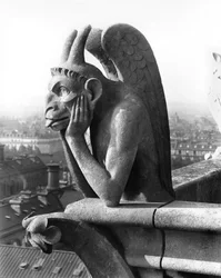 Demoniczny gargulec z balustrady Grande Galerie fasady zachodniej, replika oryginału z XII wieku (kamień) (zdjęcie czarno-białe)